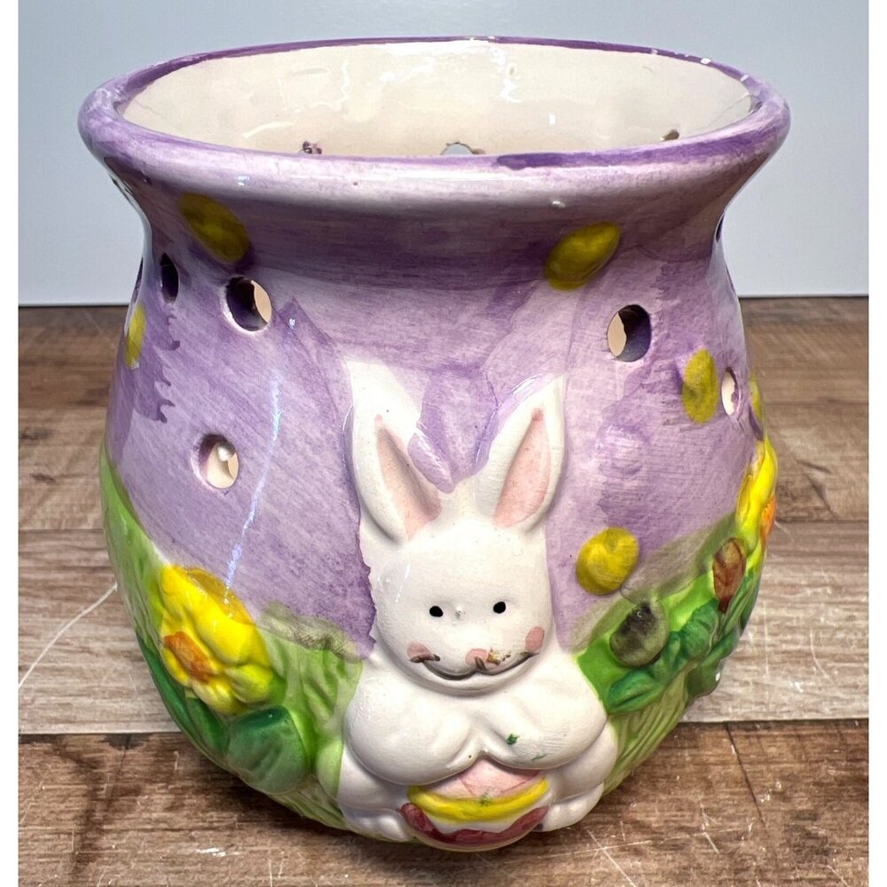 Hand-Painted Ceramic Bunny Tealight Holder With Spring Flowers Purple & Green